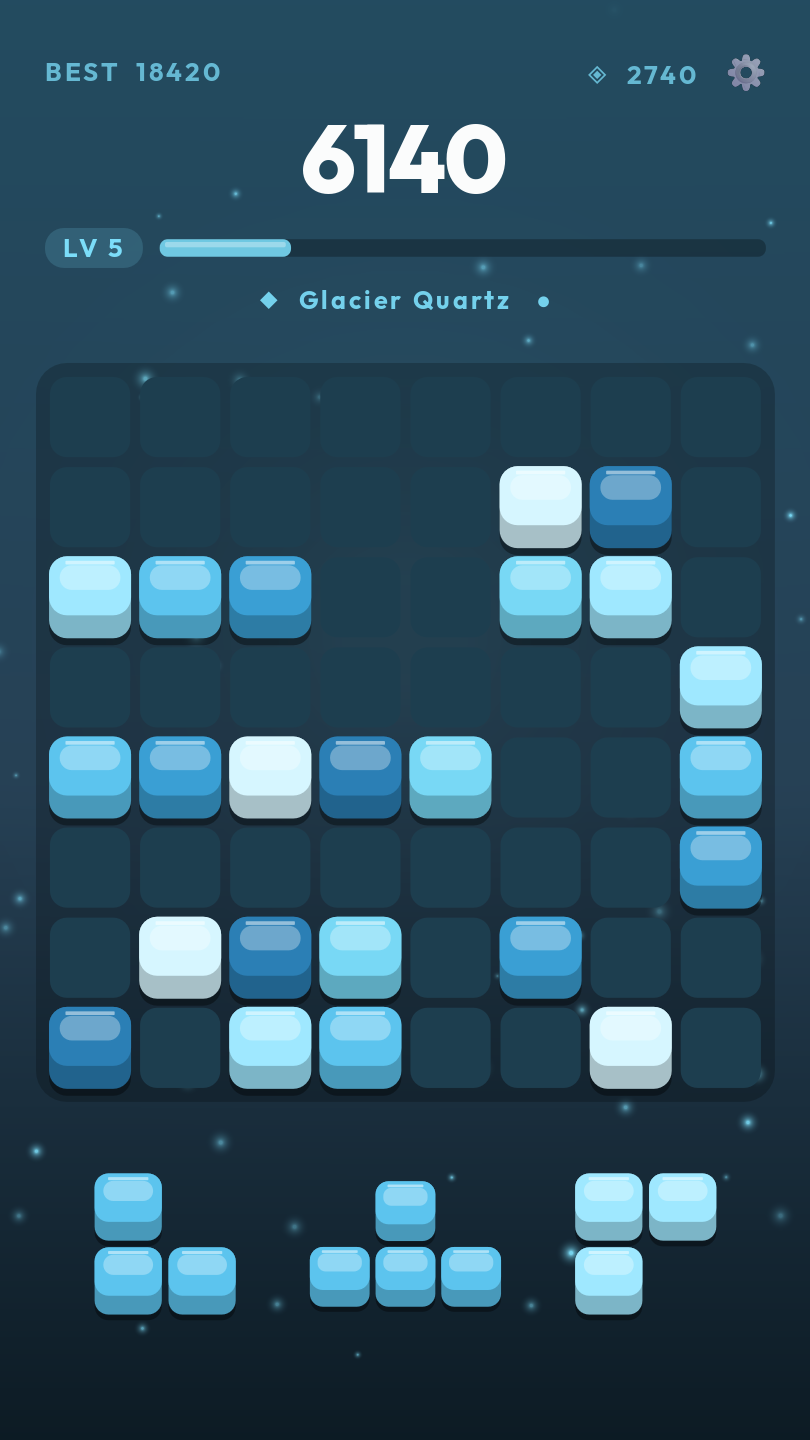 RockBlocks gameplay showing a Glacier Quartz board mid-run