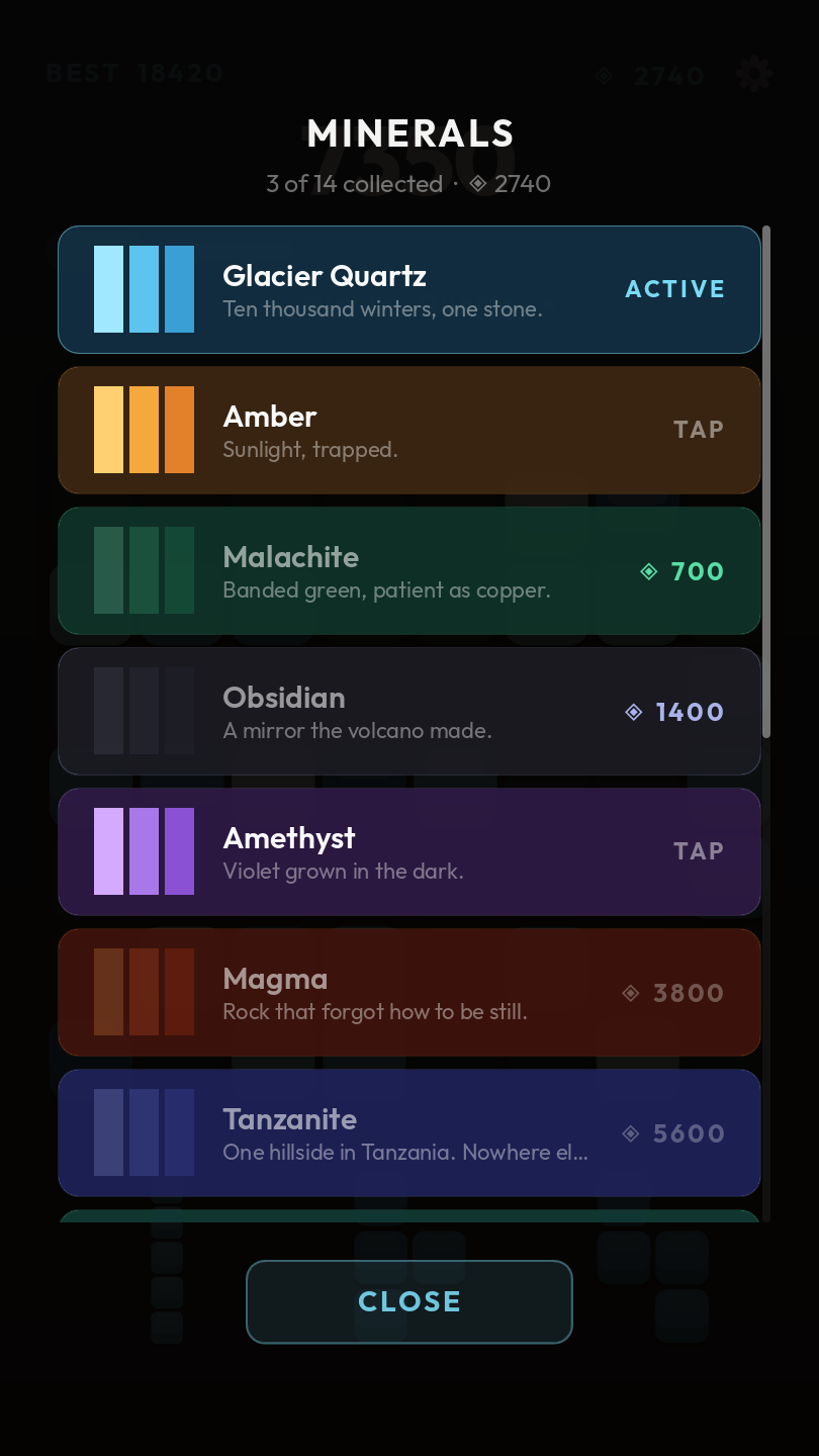 The mineral collection screen